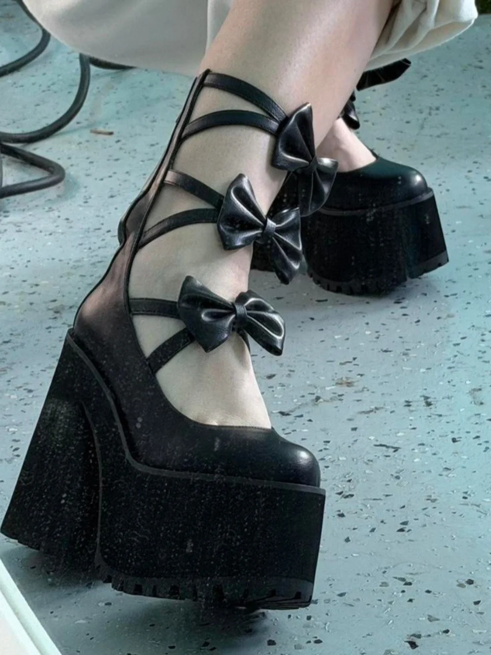 Dolls Kill Widow Black Bow-Strap Platform Heels - Women Shoes